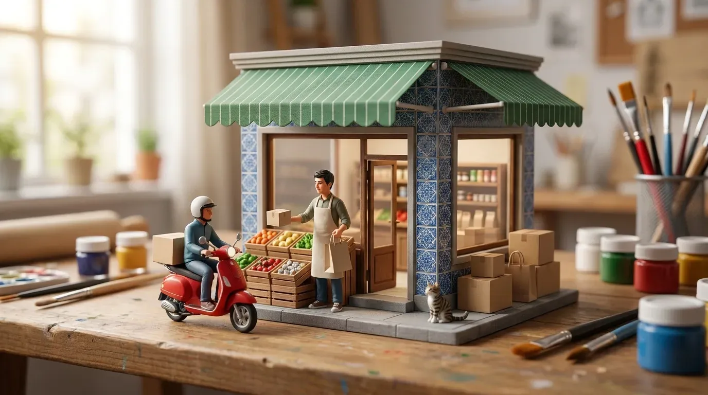 Çalışma masasında bir maket: yeşil tenteli, çinili bir İstanbul dükkânında satıcı, scooter’lı kuryeye paket uzatıyor; kapının önünde bir kedi oturuyor