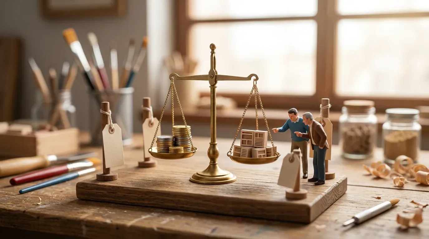 Çalışma masasında bir maket: pirinç terazinin bir kefesinde madeni paralar, öbüründe sayfa blokları; iki minik figür boş fiyat etiketlerinin arasında karşılaştırma yapıyor