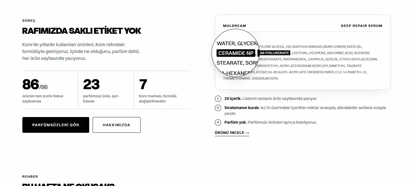 İçerik şeffaflığı bölümü: 86, 23 ve 7 rakamları ve büyüteçle içerik listesi